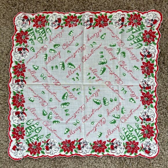 VTG 50s Christmas Hankie – Santa, Poinsettias, Trees – 13” Square - Picture 2 of 7